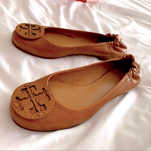 Tory Burch Reva Logo Pebbled Ballerina Flat in Royal Tan, Women’s Size 5. - Picture 7 of 11